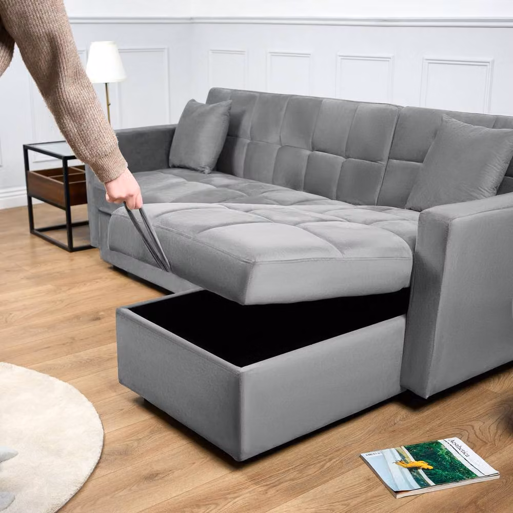 Bravich LTD Milo Reversible L-Shape Corner Sofa Bed with Storage in Grey Velvet, 140x200 cm – 3