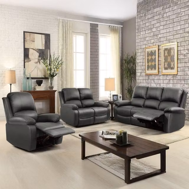 Comfy Living Bonded Leather Reclining Sofa Set in Grey, including 3 Seater Sofa, 2 Seater Sofa and Armchair