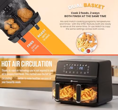 PureMate 9L Dual Air Fryer in Black with Digital Display, 2500W Dual Zone Cooking, Timer and Dishwasher Safe Parts – 4