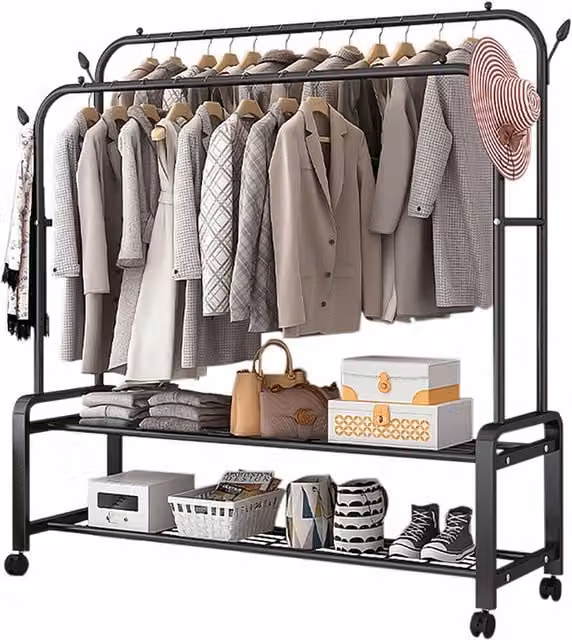 Livingandhome Double-Rod Metal Clothes Rail with Wheels in Matt Black