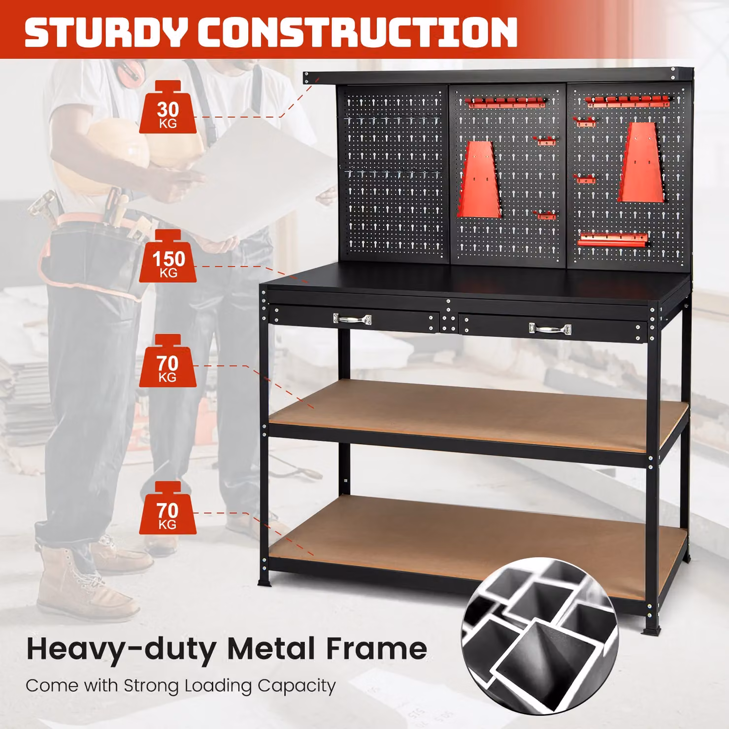 Costway Metal Workbench with Pegboard and Drawers, Black, W: 120 cm, H: 156 cm, D: 61 cm – 5