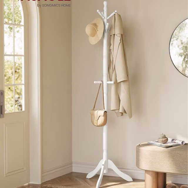 VASAGLE Coat Rack Stand with 10 Hooks in Cloud White