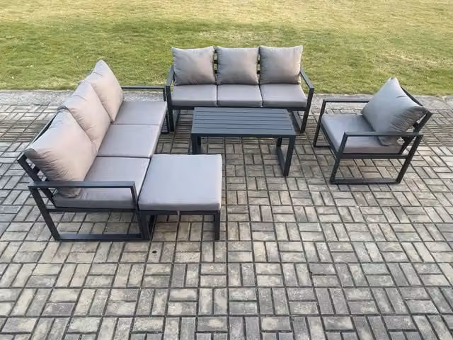 Fimous 8 Seater Aluminium Garden Furniture Set in Dark Grey with L-Shape Sofa, Armchair, Ottoman and Coffee Table