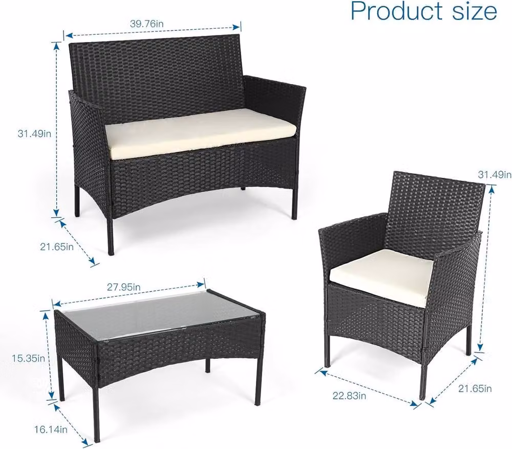 Lishetimig 4-Piece Rattan Garden Furniture Set with Cushions and Glass Coffee Table in Black and Brown – 2