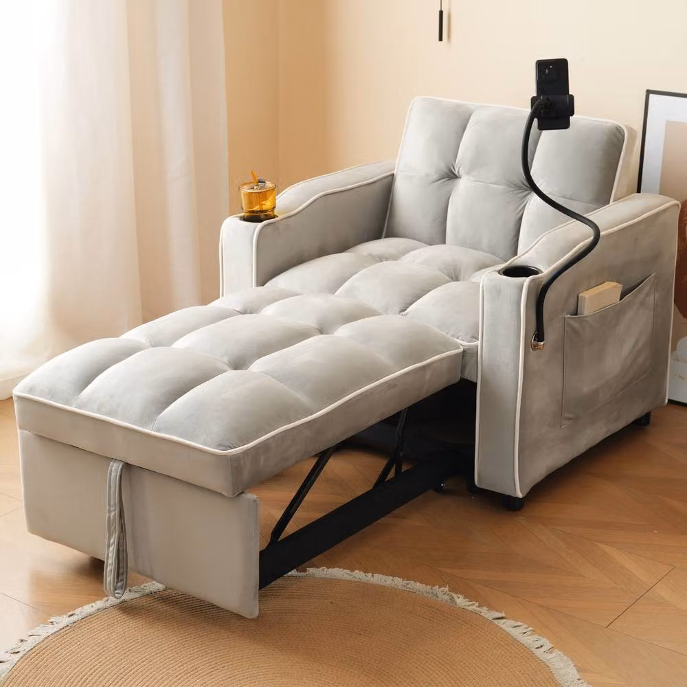 BTM 3-in-1 Expandable Single Sofa Bed with Drink and Phone Holders in Grey, W/D/H: 167 x 83 x 76 cm – 2