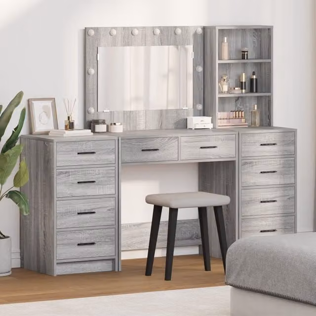 Berkfield Home 3 Piece Modern Dressing Table Set with LED Mirror in Grey Sonoma Matt MDF
