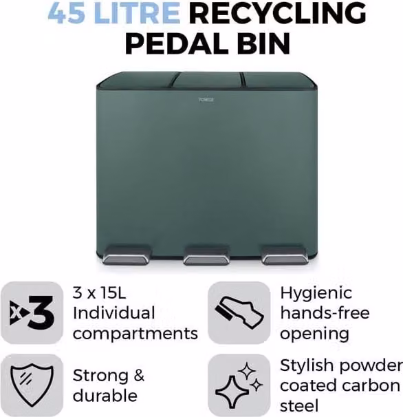 Tower 45L Stainless Steel Recycling Pedal Bin in Green with Removable Inner Bucket and Fingerprint Proof Coating