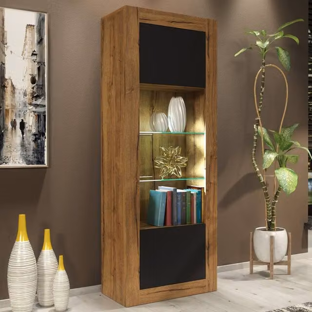 Mex Furniture LTD Illume Modern Display Cabinet with LED Lighting, Dark Oak and Black Matt Finish, H 170 x W 63 x D 35 cm – 1