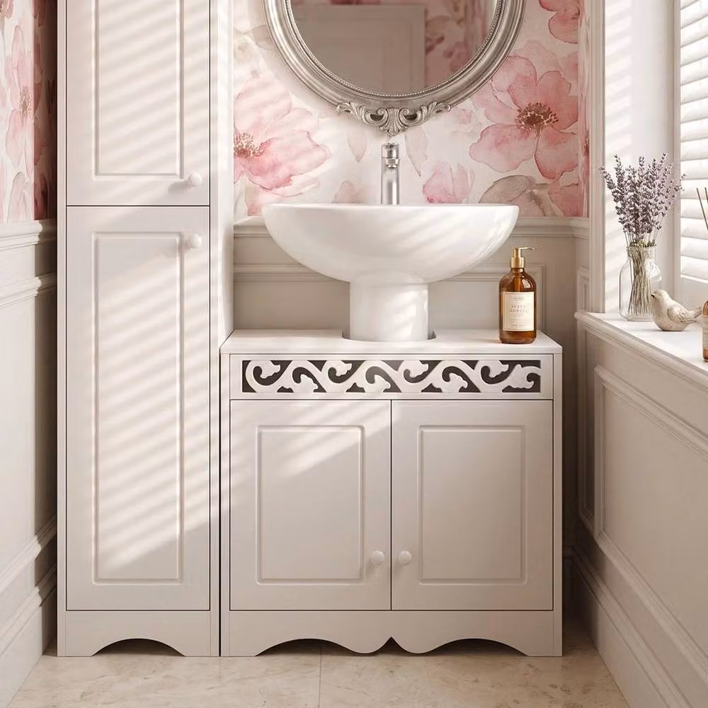 KORVIXA White Wooden Under Sink Bathroom Storage Cabinet with Internal Shelves and Hinged Doors W/D/H: 56.0 x 22.0 x 60.0 cm – 2