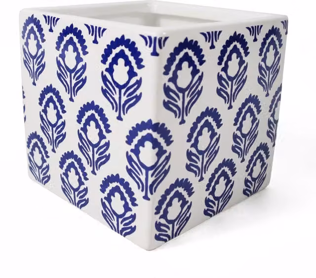 Blue Ceramic Square Cube Tabletop Planter with Floral Leaf Print