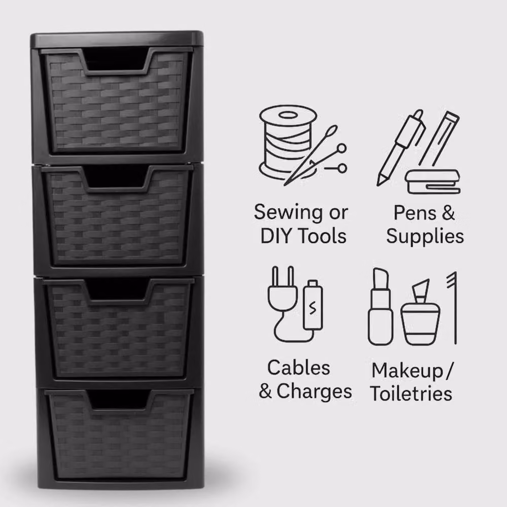 FORGEVIO Set of 2 Black 4 Tier Medium Rattan Effect Plastic Drawers – 4