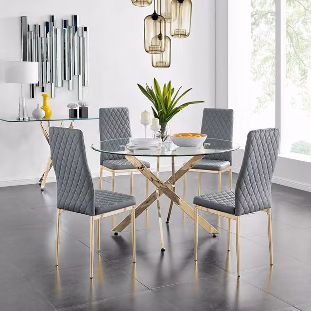 FurnitureboxUK Novara Gold Round Glass Dining Table and Four Milan Chairs in Grey