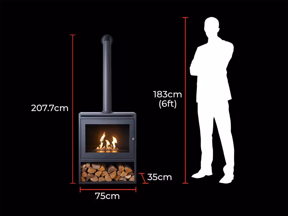 OKO S6 Bio Ethanol Stove and Log Store in Grey with Extra Tall Angled Metal Pipe – 6