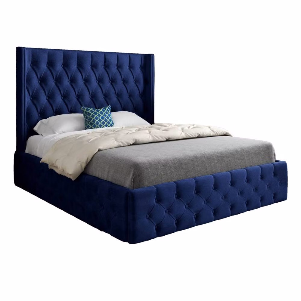KDMD Verwood Winged Upholstered Blue Velvet Designer Bed Frame, W/D/H: 144 x 137 x 200 cm – 2