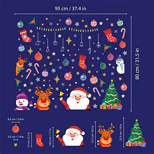 WALPLUS Christmas Window Stickers with Santa and Friends, 109 Piece Reusable Double-Sided Decals for Glass Display, Multicolour – 3