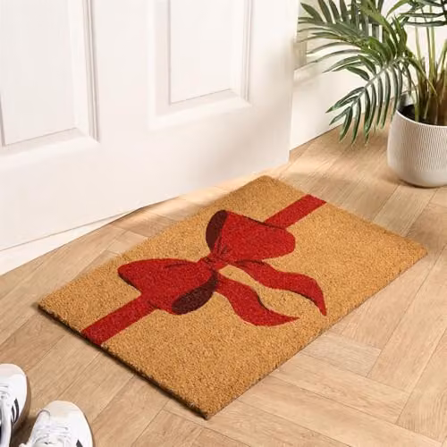 OHS Bow Print Coir Doormat, Non-Slip Indoor and Outdoor Rug in Red and Sand, W/D: 60 x 40 cm
