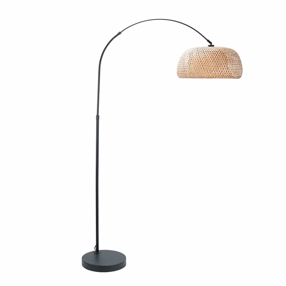 ValueLights Black Metal Arched Floor Lamp with Natural Bamboo Shade and LED Bulb – 2