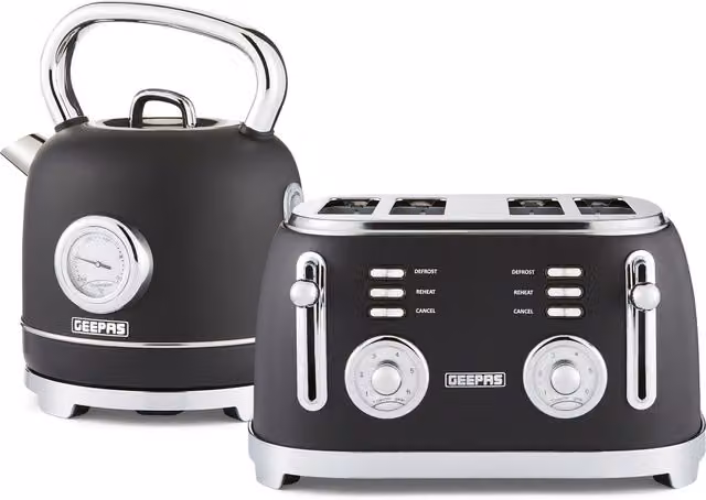 Geepas Retrovive 1.8L Electric Kettle and 4 Slice Bread Toaster Kitchen Combo Set, Black Stainless Steel – 1
