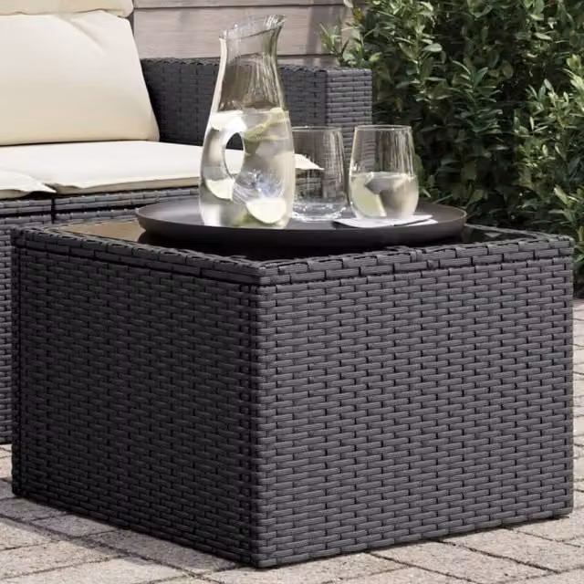 Berkfield Home Garden Table with Glass Top, Black Poly Rattan and Steel, W/D/H: 55 x 55 x 37 cm