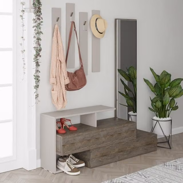 Decortie Modern Hall Tree with Bench in Grey and Brown