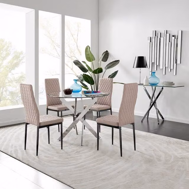 FurnitureboxUK Novara 100cm Round Glass Dining Table and 4 Beige Chairs with Black Legs – 1