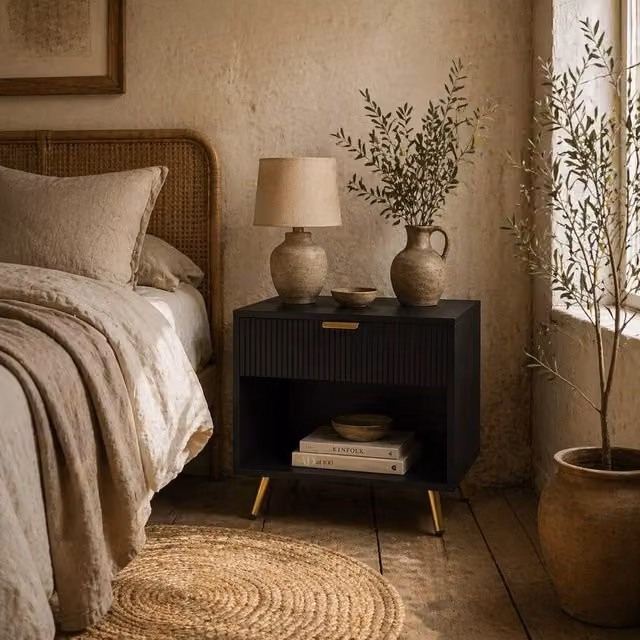 Wyld Haus Hana Bano Black and Gold Bedside Table with Ribbed Drawer and Shelf, W/D/H: 40 x 47 x 50 cm