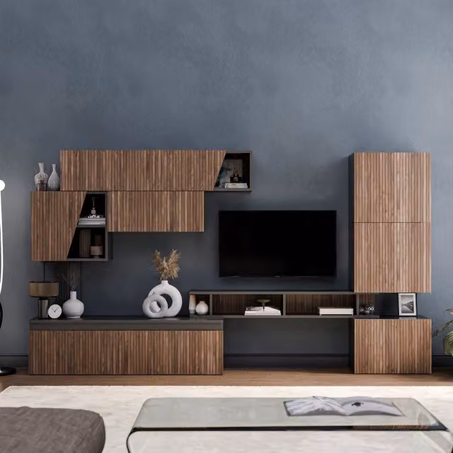 Decorotika Paris Wall Mounted Entertainment Center in Black and White with Alina Pattern