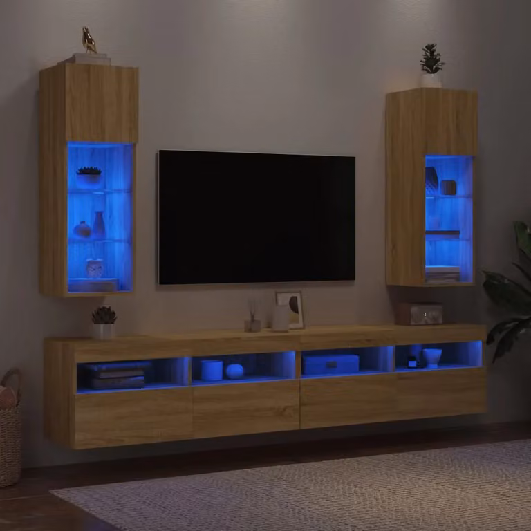 Berkfield Home Modern TV Cabinets with LED Lights, Sonoma Oak, Brown, W/D/H: 30.5 x 30 x 90 cm, 2 pieces