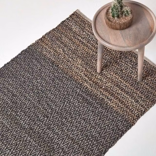 Homescapes Recycled Leather Handwoven Herringbone Rug in Grey, White and Blue, Width: 150 cm