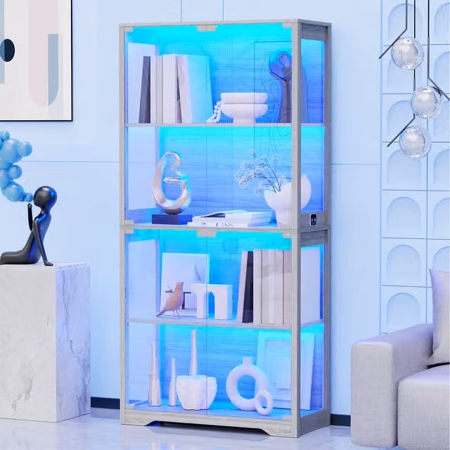 BROTTAR Grey Display Cabinet with Glass Doors and Integrated LED Lighting, H 165.1 x W 80.0 x D 35.56 cm