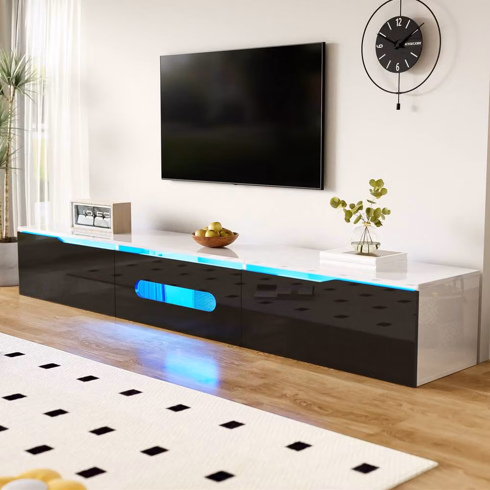 Rolipo Modern Black and White High Gloss Wall Mounted TV Cabinet with Integrated Lighting – 3