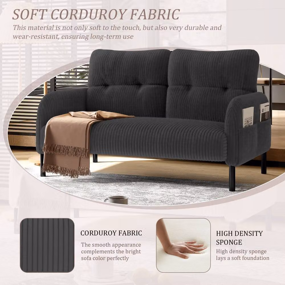 HomeTouch Modern 2-Seater Upholstered Click Clack Sofa in Grey with Side Pockets and Armrests, W/D/H: 120 x 79 x 79 cm – 3
