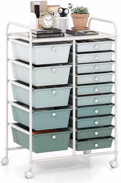 Costway 15-Drawer Multipurpose Rolling Utility Storage Cart with Castors and Locks in Multicolour