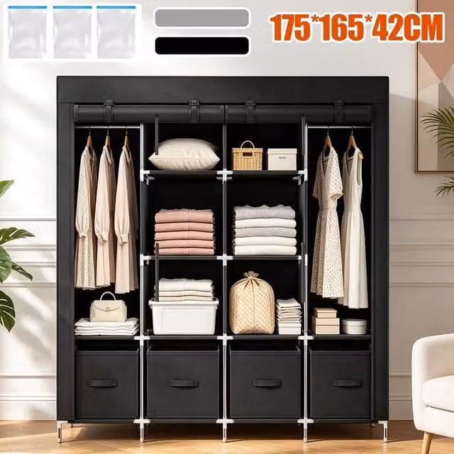 FORGEVIO Modern Black Fabric Canvas Wardrobe with Roll Shutter and Hanging Rod