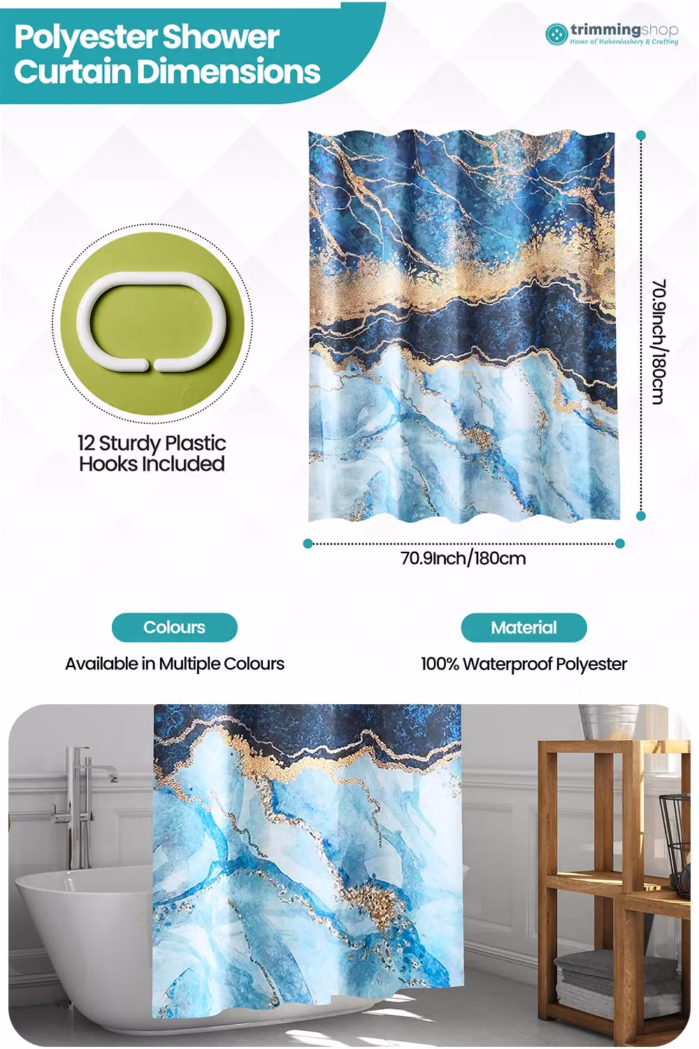 Neel Blue Abstract Blue Waterproof Shower Curtain, Mould Resistant Polyester Fabric, W: 180 cm, H: 200 cm – 2