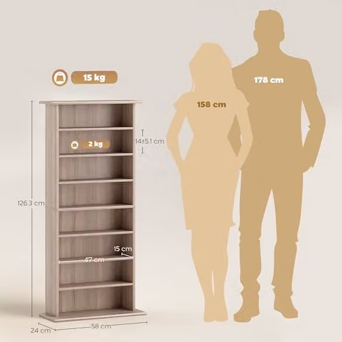 HOMCOM Media Storage Unit with 6 Adjustable Shelves in Brown Sand Wood Finish – 3