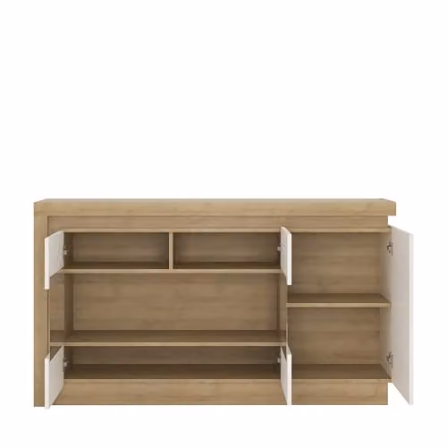 Furniture To Go Lyon 3 Door Glazed Sideboard in White High Gloss and Oak with Integrated Lighting, W: 157.6 cm, D: 42.0 cm, H: 89.1 cm – 2