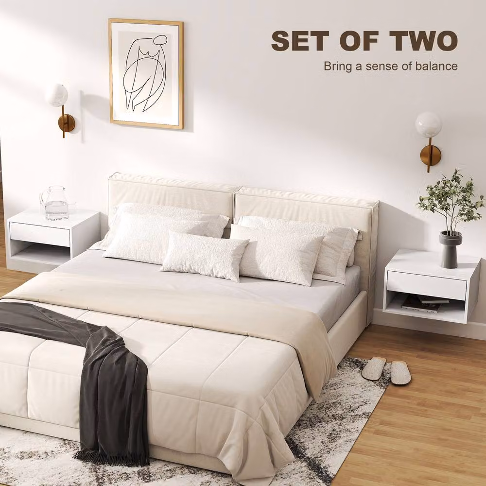 HOMCOM Set of 2 White Wall-Mounted Floating Nightstands with Drawer and Open Shelf – 2