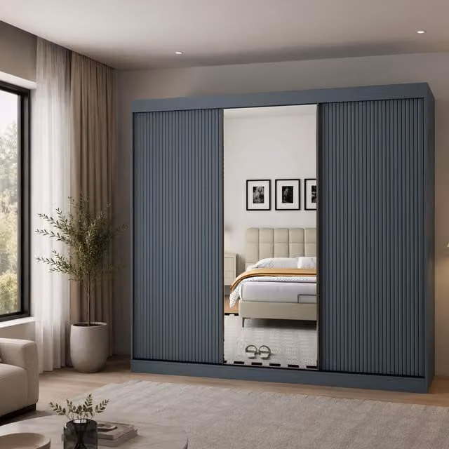 Berlin 3 Door Dark Grey Sliding Wardrobe with Mirror and Ribbed Panels
