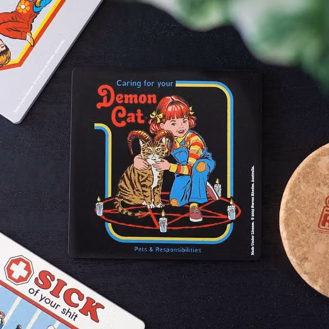 Uniqueful Demon Cat Steven Rhodes Multicolour Wooden Square Coaster