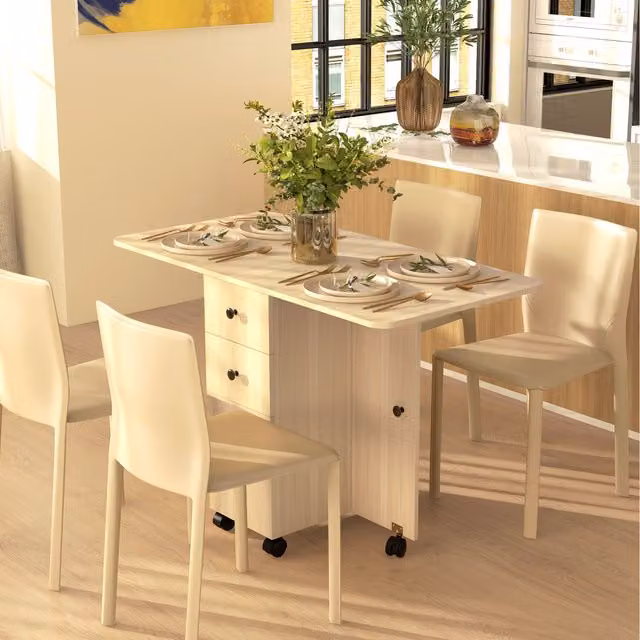 HOMCOM Natural Folding Dining Table with Drop Leaf, Drawers, Cabinet and Open Shelving