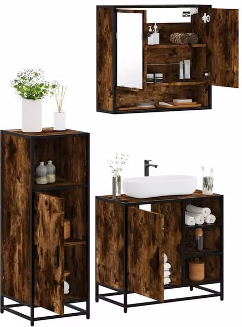 Berkfield Home 3 Piece Industrial Bathroom Furniture Set in Smoked Oak Brown – 1