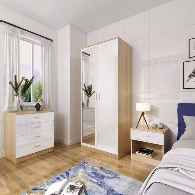 Comfy Living Modern Glossy Cream Bedroom Furniture Set with Mirrored Wardrobe, 4-Drawer Chest and Bedside Table