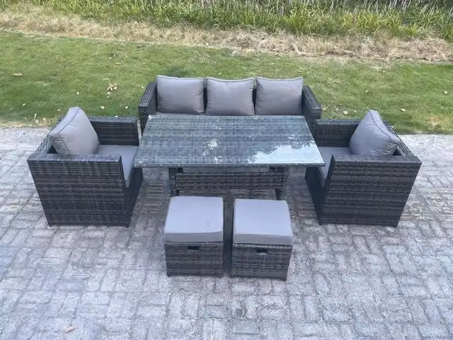Fimous 7 Seater PE Wicker Rattan Garden Furniture Set with Lounge Sofa, Chairs, Dining Table and 2 Stools in Dark Grey