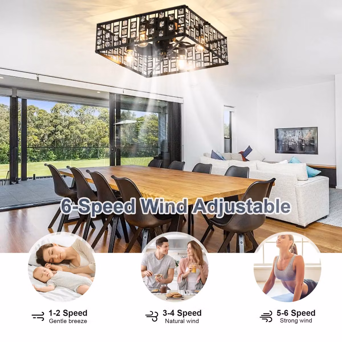 Garwarm 7-Blade Ceiling Fan with Remote Control and Light Kit, Black, Diameter: 50 cm – 7