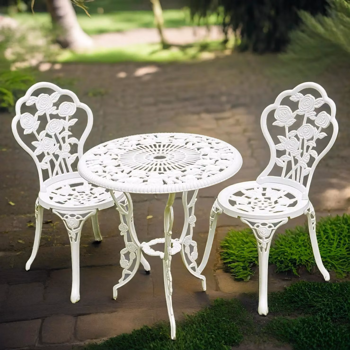 FURNOS Set of 3 Rose Cast Iron Bistro Table and Chairs in White with Floral Design – 4