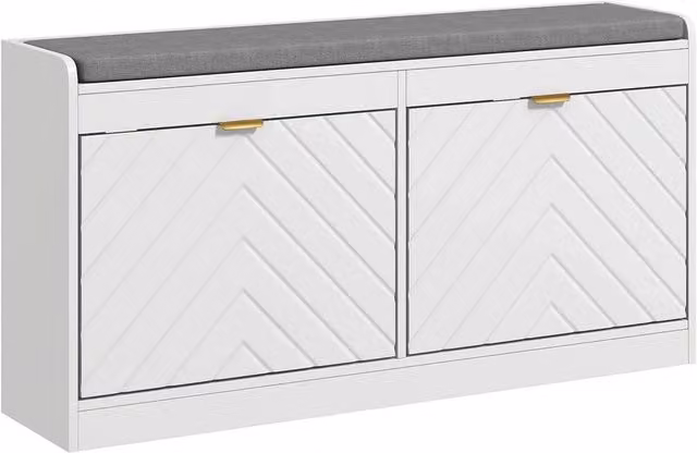 KORVIXA Shoe Storage Bench with 2 Flip Drawers in White and Gold with Fabric Seat, W/D/H: 52.5 x 106.0 x 42.5 cm – 1