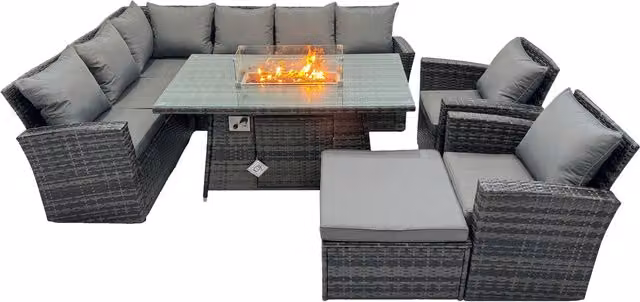 Fimous Poly Rattan Corner Sofa Set with Gas Fire Pit Table and Footstool in Dark Grey Mixed