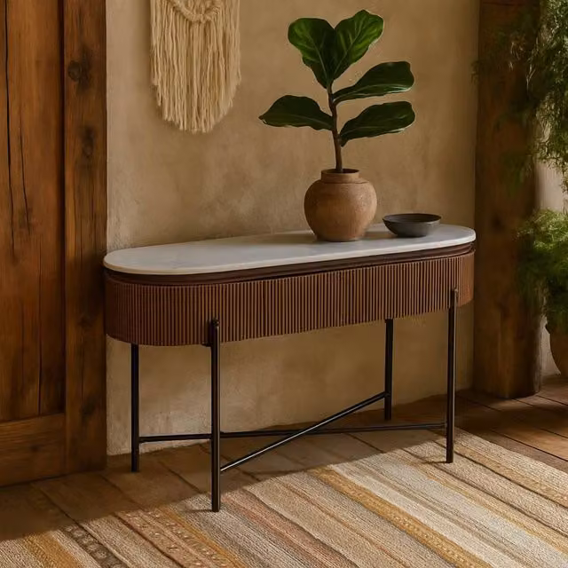 Wyld Haus Alabama Ribbed Mango Wood Console Table with Marble Top and Metal Legs in Brown, W/D/H: 120 x 77 x 40 cm
