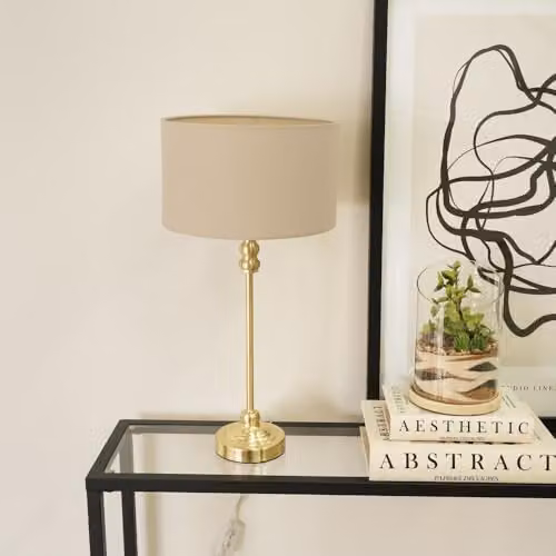 ValueLights Maggie Gold Metal Candlestick Slim Table Lamp with Beige Fabric Drum Shade – 2